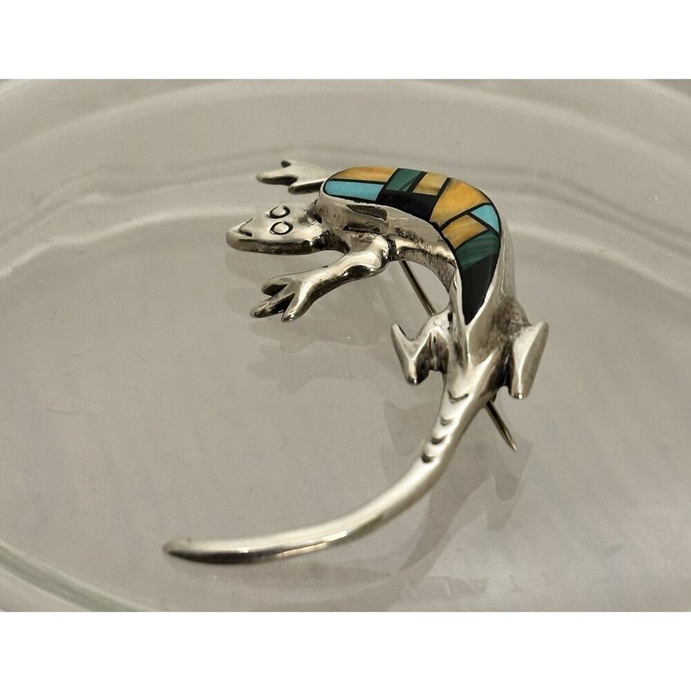 Leonard Martza ZUNI Sterling Inlay Spiny Oyster/Turquoise/Onyx LIZARD Brooch - Picture 3 of 7